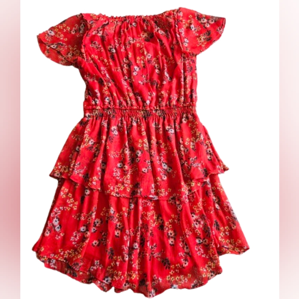 LC Lauren Conrad Floral Flutter Sleeves Tiered Mini Dress, Small, Red - Picture 5 of 10